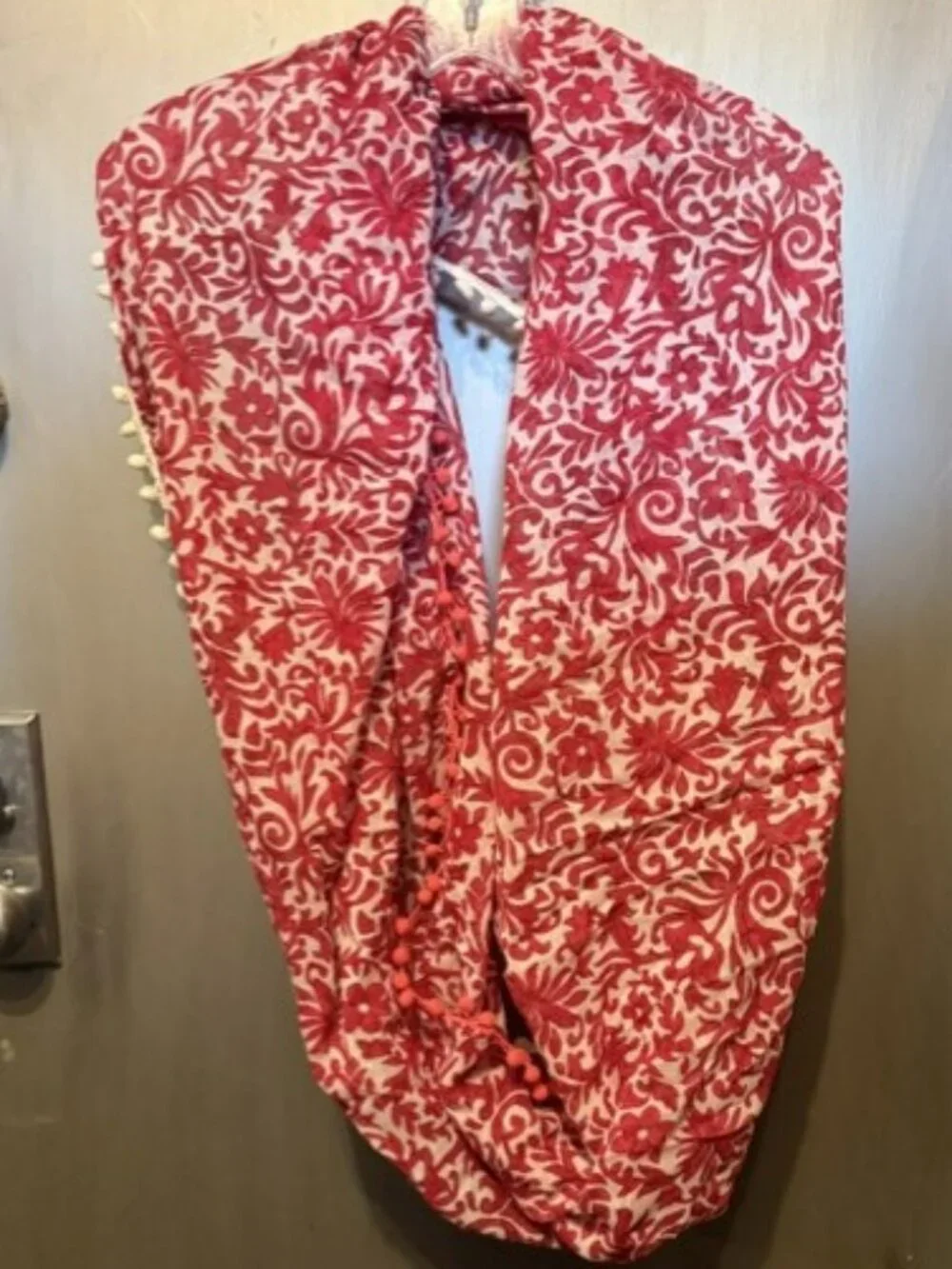 Boho Red & White paisley Infinity scarf with Pom-poms